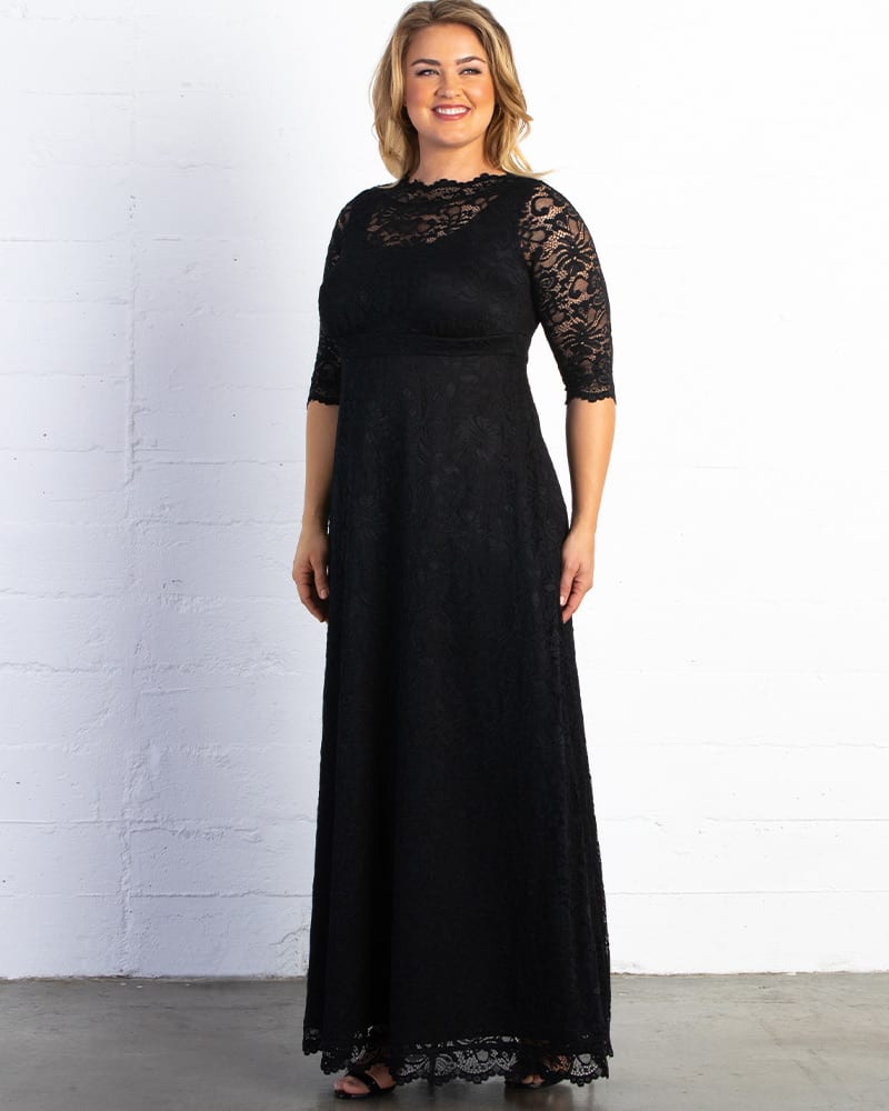 Front of a model wearing a size 0X Leona Lace Gown in ONYX by Kiyonna. | dia_product_style_image_id:274052